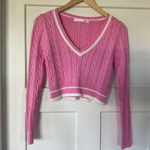 Altar’d State Pink Cropped Cable Knit Preppy Sweater Medium Barbie